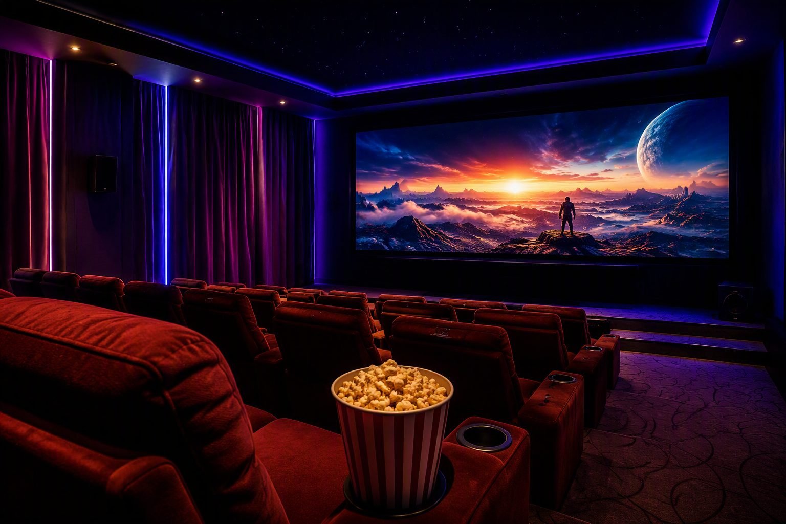 Home theater watching a 4K movie with Star IPTV VOD library